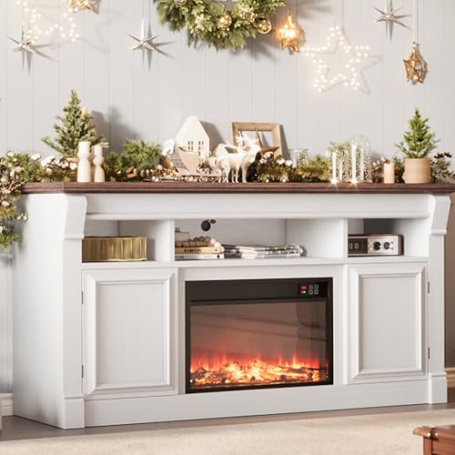 Garvee 58" Farmhouse Fireplace TV Stand, Entertainment Center with Open Storage Cabinets for TVs Up to 75", Media Console for Living Room,White Garvee