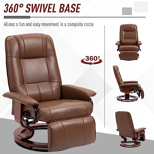 HOMCOM Swivel Recliner Chair, PU Leather Reclining Armchair with Retractable Footrest, Lounge Chair with Wood Base and Adjustable High Back for Small Spaces, Living Room, RV, Bedroom, Brown