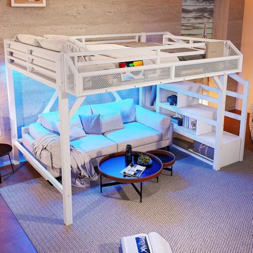 Bellemave Metal Full Size Loft Bed with Stairs and Wardrobe,Heavy Duty Loft Bed Frame with LED Lights and Charging Station for for Kids,Teens,Adults,White Bellemave