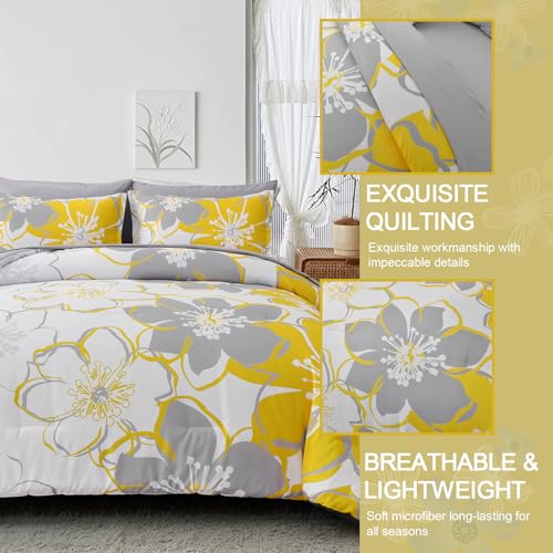 Anibedding Yellow Floral Comforter Set King Size 7 Pieces Reversible Bed in a Bag with Sheets Set for All Season, Soft Microfiber Complete Bedding Set King (104"x90") Anibedding