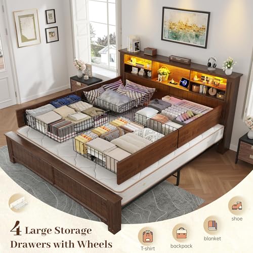 EnHomee King Size Bed Frame with 4 Storage Drawers, King Bed Frame and Headboard with LED Lights & Charging Ports,No Box Spring Needed,NO Noise,Wooden,Brown EnHomee