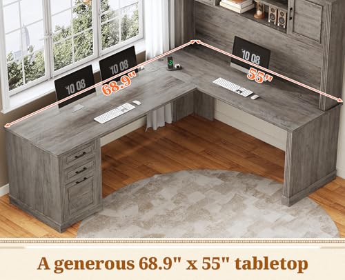 SEDETA Farmhouse L Shaped Desk with Hutch and 3 Drawers, 68.9" Executive Office Desk with File Drawer and Power Outlet, Corner Computer Desk with Storage Shelves for Home Office (Grey) SEDETA