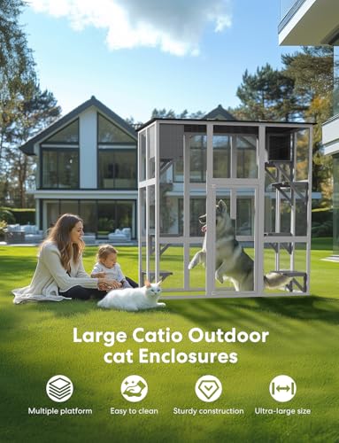 Mixcous Catio Outdoor Cat Enclosure, Large Kitty House Cat Condo Playpen with Platforms & Living House for Mulitiple Cats with Waterproof Roof 71", White Mixcous