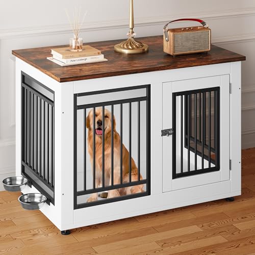 YITAHOME 39" Dog Crate Furniture, Wooden Side End Table with Adjustable Feet and Removable Bowls, Dog Kennel Indoor for Medium Large Dogs YITAHOME