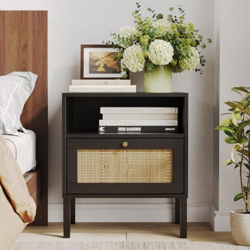 Natural Rattan Nightstands Set of 2, Accent End Table, Boho Bedside Table with 1 Hand Made Decorated Door for Living Room, Bedroom, Black Angel Sar
