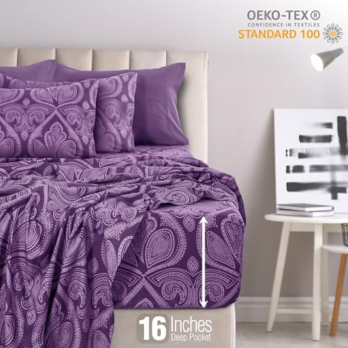 Ultra Soft Wrinkle-Free Microfiber Paisley King Sheet Set, Breathable Boho Bed Sheet Set – 16" Deep Pocket Fitted Sheet, Flat Sheet & 4 Pillowcases, Juegos de Sábanas, OEKO-TEX - Purple LDC LUX DECOR COLLECTION