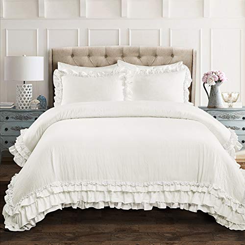 Lush Decor Ella Ruffle Lace Comforter, 3 Piece Set, Full/Queen, White - Cute Comforter - Queen Bedding Set - White Bedding Full Size - Coquette Decor - Ruffle Trim - Lace Trim Lush Decor