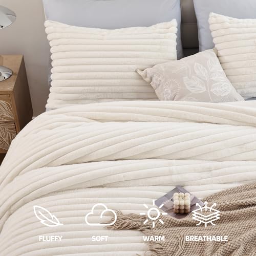 Smoofy Fluffy Full Size Comforter Sets 3 Pieces - Cream White Fleece Fluffy Comforter Set, Luxury Fuzzy Full Bed Set, Soft Comforter Full Size All Season, Heavy Faux Fur Comforter with 2 Pillow Cases Smoofy