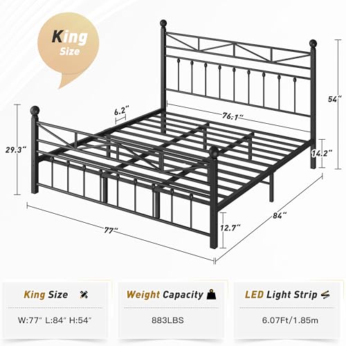 EnHomee 54" Metal King Bed Frame with Tall Headboard & Footboard, LED Light King Bed Frame, Strong Metal Slats Support and Noise-Free Design with Under Bed Storage/No Box Spring Needed/Black EnHomee