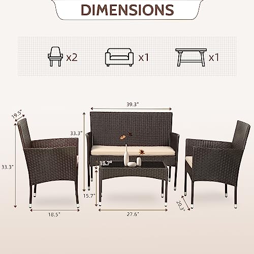 FDW Patio Furniture Set 4 Pieces Outdoor Rattan Chair Wicker Sofa Garden Conversation Bistro Sets for Yard (Brown) FDW