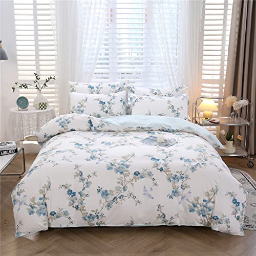 URBONUR Full Size Duvet Cover Sets Light Blue Garden Floral Bedding Comforter Cover, Ultra-Soft & Breathable Duvet Sets for All Season, Button Closure & Corner Ties URBONUR