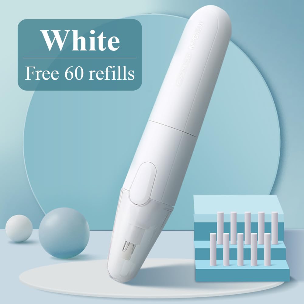 M&G Electric Eraser for Artists, Rechargeable 60 Eraser Refills, Automatic Portable Plastic Pen, Requires 2 AAA Batteries (Not Included), Battery Operated for Drafting, Sketching, Painting (White) M&G