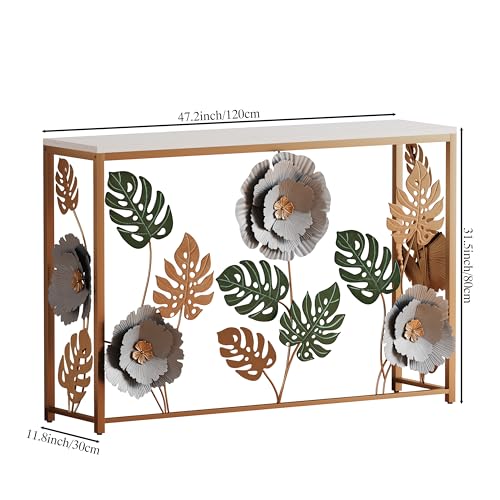 FormaCraft Vintage Console Table with Metal Flower Design, 47" Modern Faux Marble Entryway Table, Narrow Gold Sofa Table for Living Room, Hallway, Bedroom FormaCraft