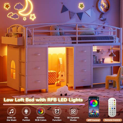 Low Loft Bed Twin Size with 7 Storage Drawers, Desk and LED Lights, Heavy Duty Metal Kids Loft Bed with 12" H Safety Guardrail, Anti-Collision Pad, Private Play Curtain, Under-Bed Play Space (White) Jocoevol