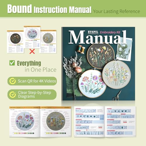 ETSPIL Beginner Embroidery Kit for Adults, 4K HD Video Tutorials, Pre-Printed Botanical Floral Designs, Essential Stitches & Bound Guide, Relaxing Screen-Free Activity for Women at Home