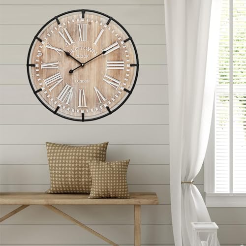 24 Inch Grand Farmhouse Wall Clock, Vintage-Inspired Wood & Metal Design with Large Etched Numbers, Silent Battery-Powered Timepiece for Offices, Kitchens, Bedrooms, and Living Rooms MICWIC