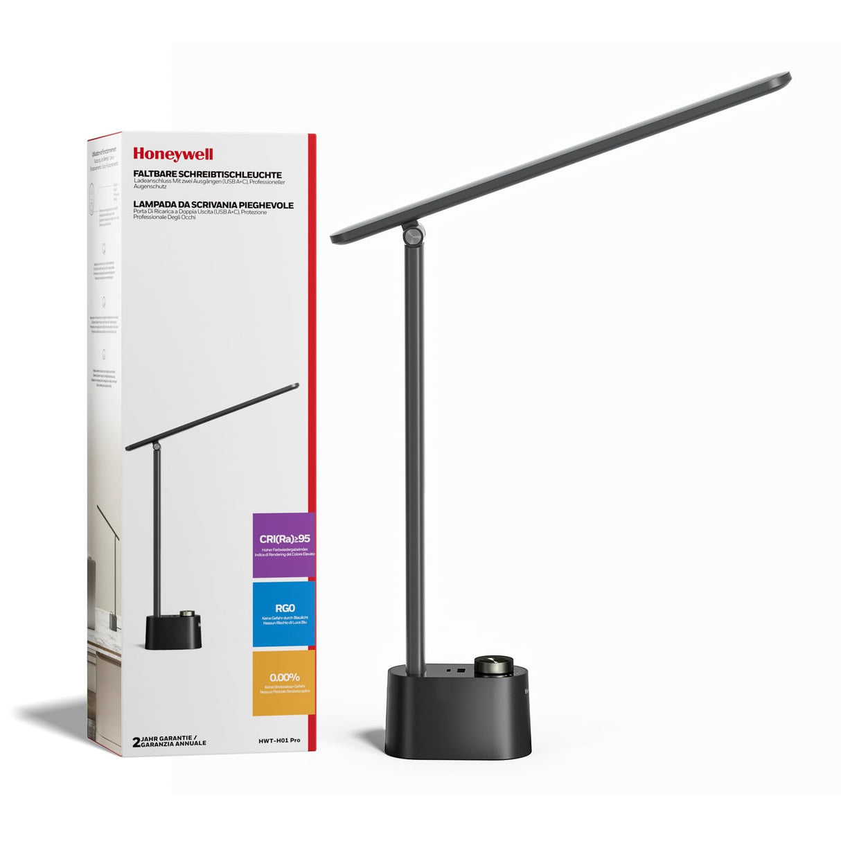 Honeywell Upgraded LED Desk Lamp - H01 Pro Sunturalux™ Foldable Desk Light with USB A+C Charging Ports, 3 Color Modes Dimmable Table Lamp for Home Office Reading(Black) Honeywell