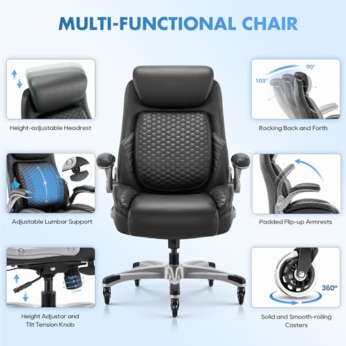 COLAMY Office Ergonomic Desk High Back Executive Chair with Pop-Out Lumbar Support, Upgraded Casters, Adjustable Headrest, Flip-Up Arms, Leather Home with Thick Cushion for Comfort - Black COLAMY