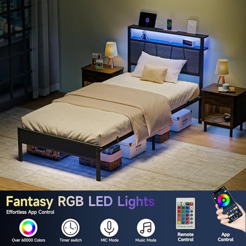 Z-hom Storage Headboard with Charging Station Twin Bed Frame, LED Bed with Upholstered Headboard and Footboard, Metal Platform Bed with 2-Tier Shelves, Easy Assembly, No Box Spring Needed, Noise Free Z-hom