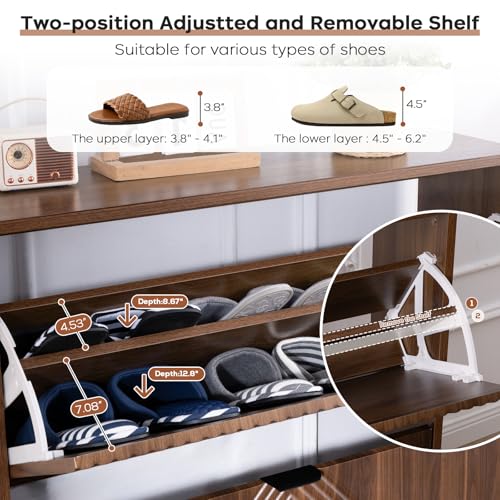 oakvivo Shoe Cabinet Storage, Farmhouse Freestanding Organizer with 2 Flip Drawers and 4 Wooden feet, Narrow Shoe Rack Cabinet for Entryway, Foyer, Hallway, Walnut oakvivo