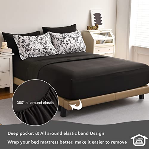 LLDSYW King Size Comforter Set - 7 Pieces Bed in a Bag Soft Microfiber Bedding Comforter Set Leaves Floral Pattern on White Comforter Sets with Sheets for All Seasons (King, Black) LLDSYW