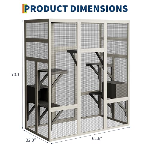 70'' Large Catio Outdoor Cat Enclosure with Perches and Condos, Wood Cat Patio with Waterproof Roof, Feral Cats Shelter 5 Platforms & 2 Resting Box, UV-Resistant PC Roof GarveeLife