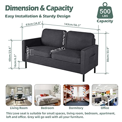 STHOUYN 56" W Fabric Loveseat Sofa with 2 USB, Small Couches for Living Room, Bedroom, Office, Easy Assembly & Comfy Cushion, Dark Grey STHOUYN