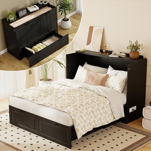 Jotirxe Full Murphy Bed Cabinet: Black Cabinet Bed with Charging Station, Cube Murphy Beds with Drawers, Modern Hidden Beds for Small Spaces, Guest Room and Office Jotirxe