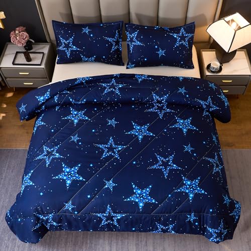 Caressma Star Comforter Teen Boy Girl Bedding Blue Galaxy Queen Size Microfiber Set 3 Pieces with Pillowcases for All Seasons Caressma