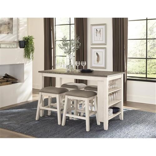 Pemberly Row 5-Piece Transitional Wood & Fabric Upholstery Counter Height Dining Set with 3-Shelf Table & 4 Nailhead Trim Stools, Easily Seats 4 People, in Antique White Finish Pemberly Row