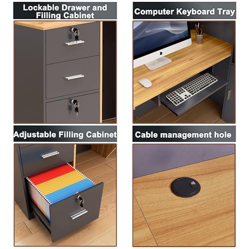 LayBurst L-Shaped Reception Desk with Lockable Drawers, Adjustable File Cabinet & Keyboard Tray, Modern Front Counter for Office, Salon, or Lobby LayBurst