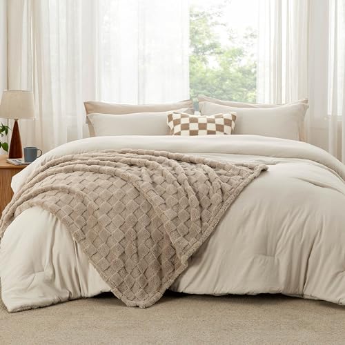 Bedsure Comforter King Size 5 Pieces - King Size Comforter Set with Checkered Throw Blanket and Decorative Pillow, Lightweiget Bedding, All Season Bedding Sets, Linen Beige Bedsure