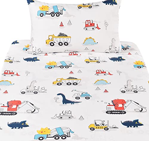 J-pinno Dinosaur Construction Work Digger Cars Vehicle Cute Cozy Fun Twin Sheet Set for Kids Girls Children, 100% Cotton, Flat Sheet + Fitted Sheet + Pillowcase Bedding Set (Dinosaur, Twin) J-pinno