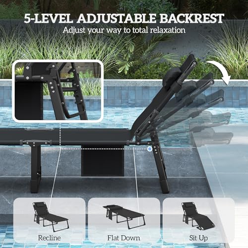 Outsunny Chaise Lounge Chair Outdoor Set of 2, 5-Position Reclining Pool Lounge Chairs with Cushions, Side Pocket, Headrest, Folding Lounger Tanning Chair Camping Cot for Patio, Beach, Black