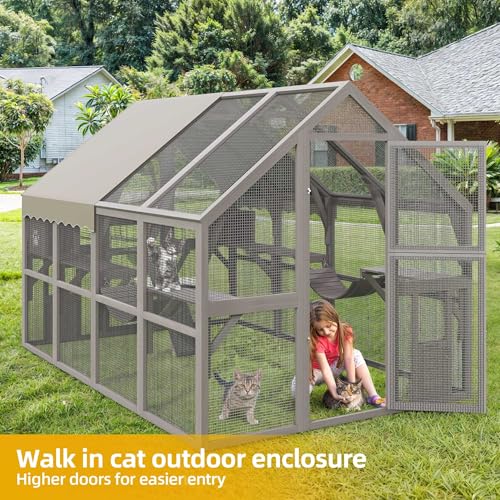 DWVO Extra Large Catio Outdoor Cat Enclosure, 110 inch Outside Cattery with Weatherproof Roof, Cat Scratcher Ramp, Cat Space Capsule Bed, 2 Bridges, 2 Resting Houses, 7 Platforms DWVO