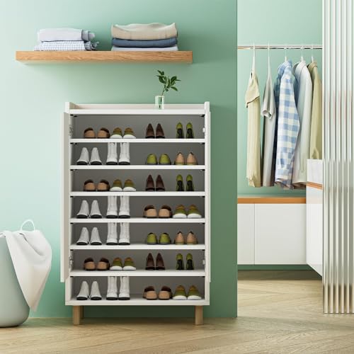 GEBAROW 8-Tier Shoe Storage Cabinet, Modern Organizer Cabinet with Doors, Wood Shoe Rack with Adjustable Shelves for Entryway, Hallway, Closet, Living Room, White GEBAROW