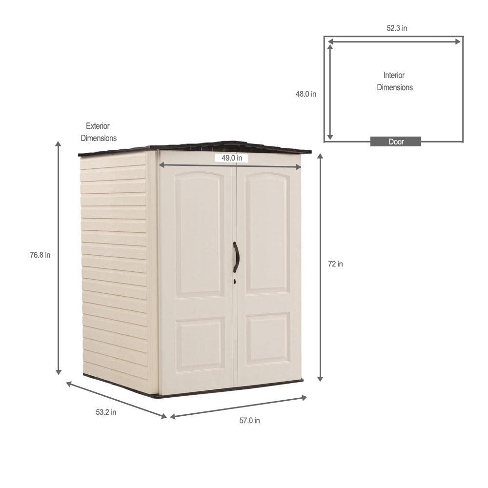 Rubbermaid Medium Vertical Resin Outdoor Storage Shed With Floor (4.3 x 4.6 Ft), Weather Resistant, Beige/Brown, Organization for Home/Backyard/Garden Tools/Lawn Mower/Bike Storage/Pool Supplies Rubbermaid