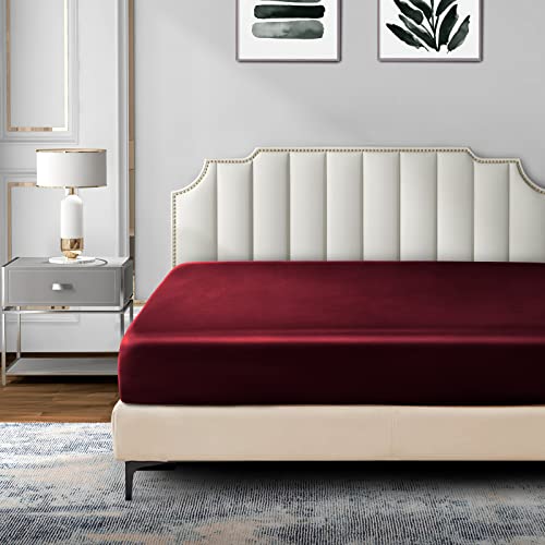 P Pothuiny Satin Fitted Sheet Twin XL Size, 1 Single Fitted Sheet Only, Extra Soft Deep Pocket Bottom Bed Sheets Mattress Cover Fits 12" to 16", Wrinkle Free, Fully Elasticized (Burgundy) P Pothuiny