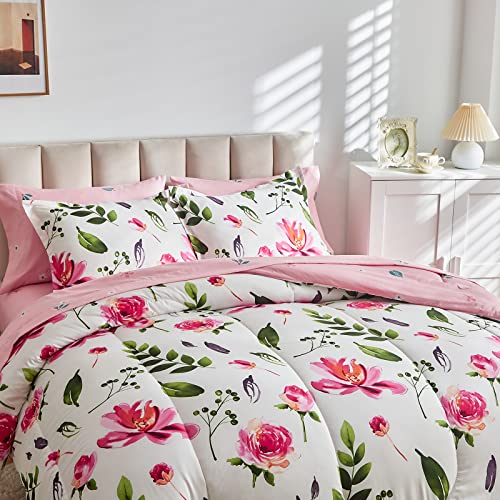 Shxime Floral Comforter Set 7 Pieces White with Green Leaves Pink Flowers Bed in a Bag King Size Reversible Bedding Set (1 Comforter 2 Pillow Shams 1 Flat Sheet 1 Fitted Sheet 2 Pillowcases) Shxime