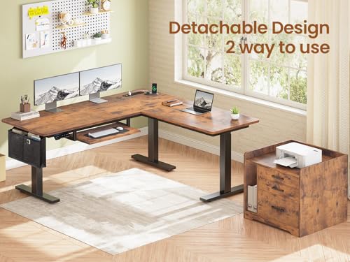SEDETA L Shaped Electric Standing Desk with File Cabinet, 63 x 53'' Height Adjustable Home Office Computer Desk with 3 Drawers, Power Outlet, Stand up Gaming Table with Led Lights, Rustic Brown SEDETA