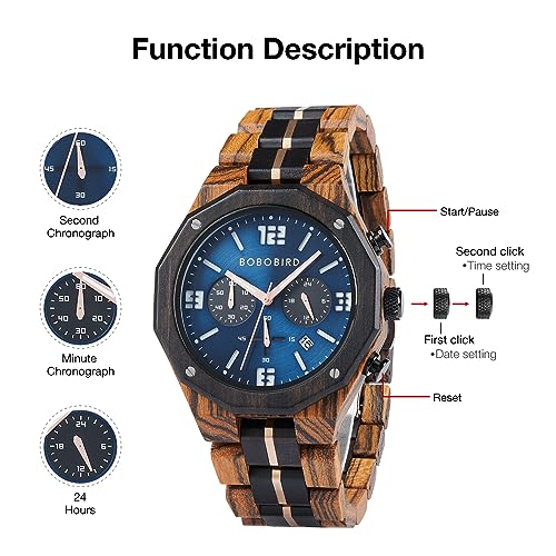 BOBO BIRD Men's Wooden Watch Sport Fashion Wristwatch Casual Chronograph Quartz Watches Men's Wood Stainless Steel Strap Watch with Date Display (Blue) BOBO BIRD