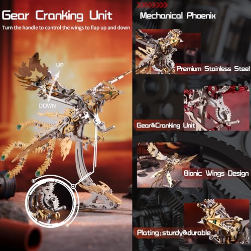 OreilleStar 3D Metal Ornithopter Puzzles for Adults Model Kits: DIY Assembly Mechanical Phoenix Stainless Steel Animal Bird Toy Building Block Birthday Gifts for Men Women (Gold Phoenix)