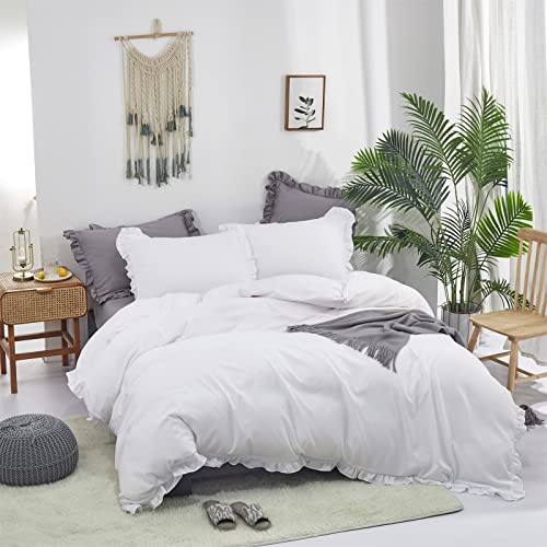 CLOTHKNOW White Ruffles Queen Comforter Set Farmhouse Bedding Comforter Sets Shabby Chic Comforter Soft Comforter with 2 x Pillow Cases CLOTHKNOW