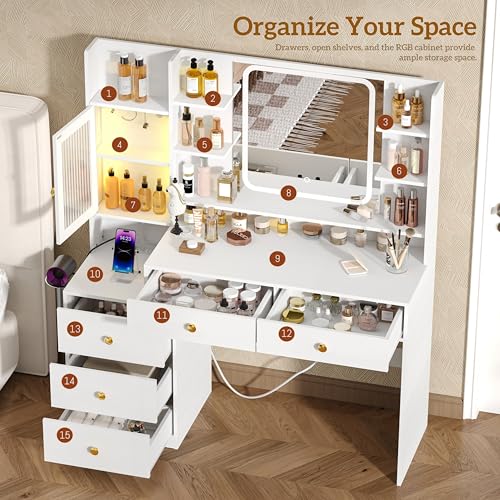 Makeup Vanity Desk with Mirror and Lights, 47'' Large Vanity Table with 5 Drawer, RGB Cabinet, Power Outlet, Jewelry Hook, 3 Light Mode & Brightness Adjustable, Bedroom Dressing Table for Girls, White Keehusux