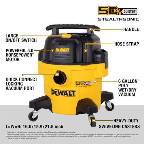 DEWALT 6 Gallon STEALTHSONIC Wet Dry Shop Vac, Powerful Suction & Portable Shop Vacuum with Attachments, Ultra Quiet Heavy Duty Shopvac for Home, Garage, Car, Workshop, Jobsite, DXV06P-QT, 5 Peak HP DEWALT