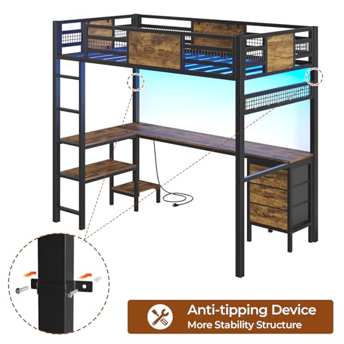 BTHFST Twin Loft Bed with L-Shaped Desk, LED Lights & Charging Station, 3 Fabric Drawers, Safety Guard & Ladder BTHFST