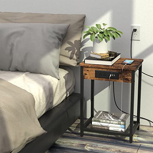 CADUKE Nightstand with Charging Station, Small Bedside Table with USB Ports and Power Outlets, Industrial Brown Side Table for Bedroom, Living Room, Farmhouse CADUKE