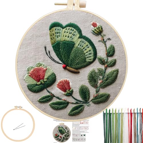 FONNUY Green Plants Embroidery Kit, Cross Stitch Kits for Beginners, Handmade Crafts with Printed Patterns for Beginner Adults, Easy to Follow Color Thread Needlework, 8'' Hoop (Butterfly)