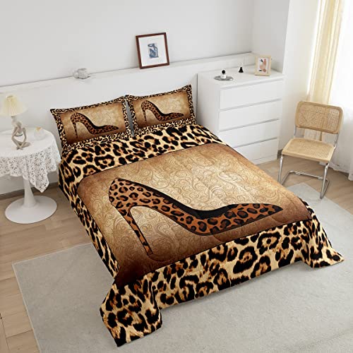 Leopard High Heels Comforter Set King Size Romantic Mandala Floral Bedding Set 3pcs for Kids Girls Women Adult Room Decor Wild Animals Skin Quilt Set Fashion Brown Duvet Insert,2 Pillowcases Castle Fairy