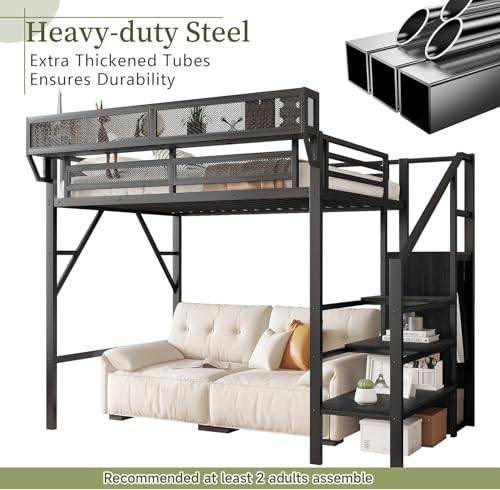 Duxelifin Twin Size Loft Bed with Staircase, Metal Loft Beds with Storage Shelves & Wardrobe, High Lofted Bed Frame, Loft Twin Bed for Boys Girls and Teens, No Box Spring Needed (Black) Duxelifin